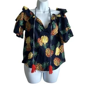 THML‎ Women Top XS Blue Pineapple Print Cruise Resort Casual Vacay Tropical Boho